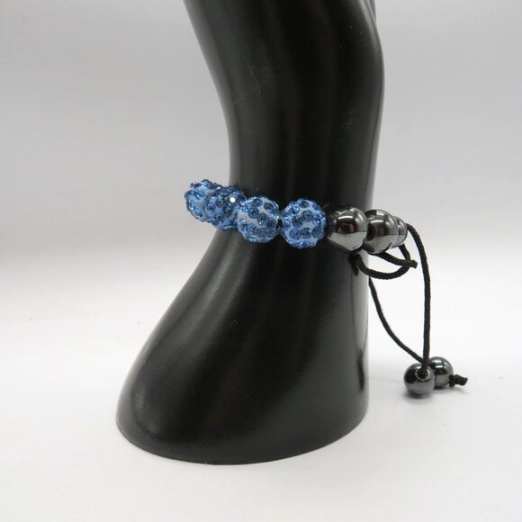 Beaded Bracelet Blue Rhinestone Encrusted Black Beads Adjustable Slide - Picture 3 of 7